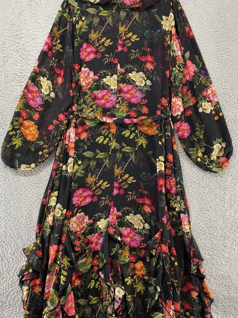 Floral Black Long Sleeve Ruffle Wrap Dress - Picture 4 of 13